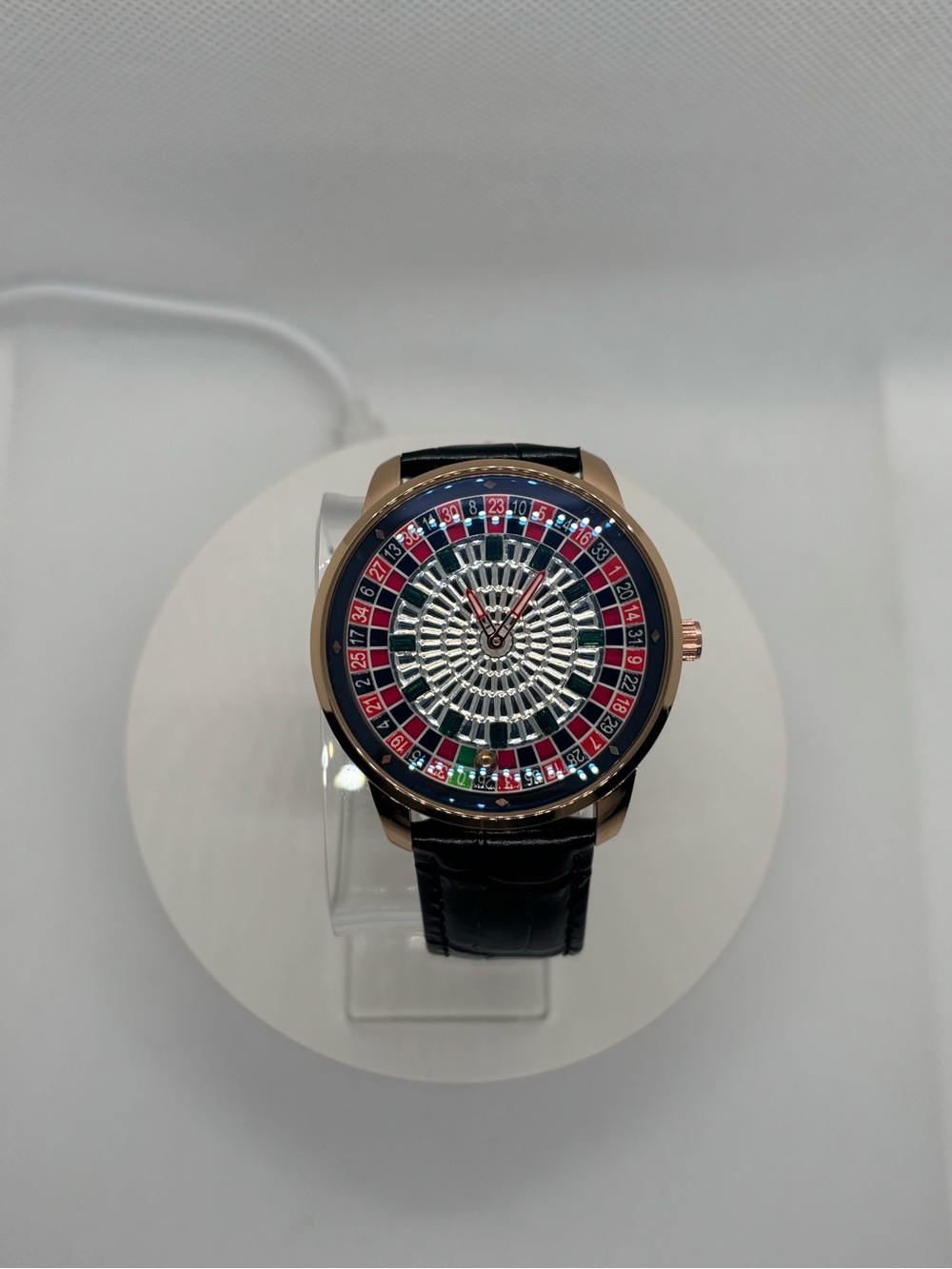 Men's Roulette Dial Leather Strap Watch - Black